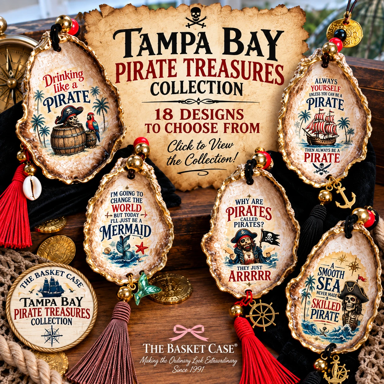 Tampa Bay Pirate Treasures Collection &ndash; Handcrafted Oyster Shell Keepsakes by The Basket Case