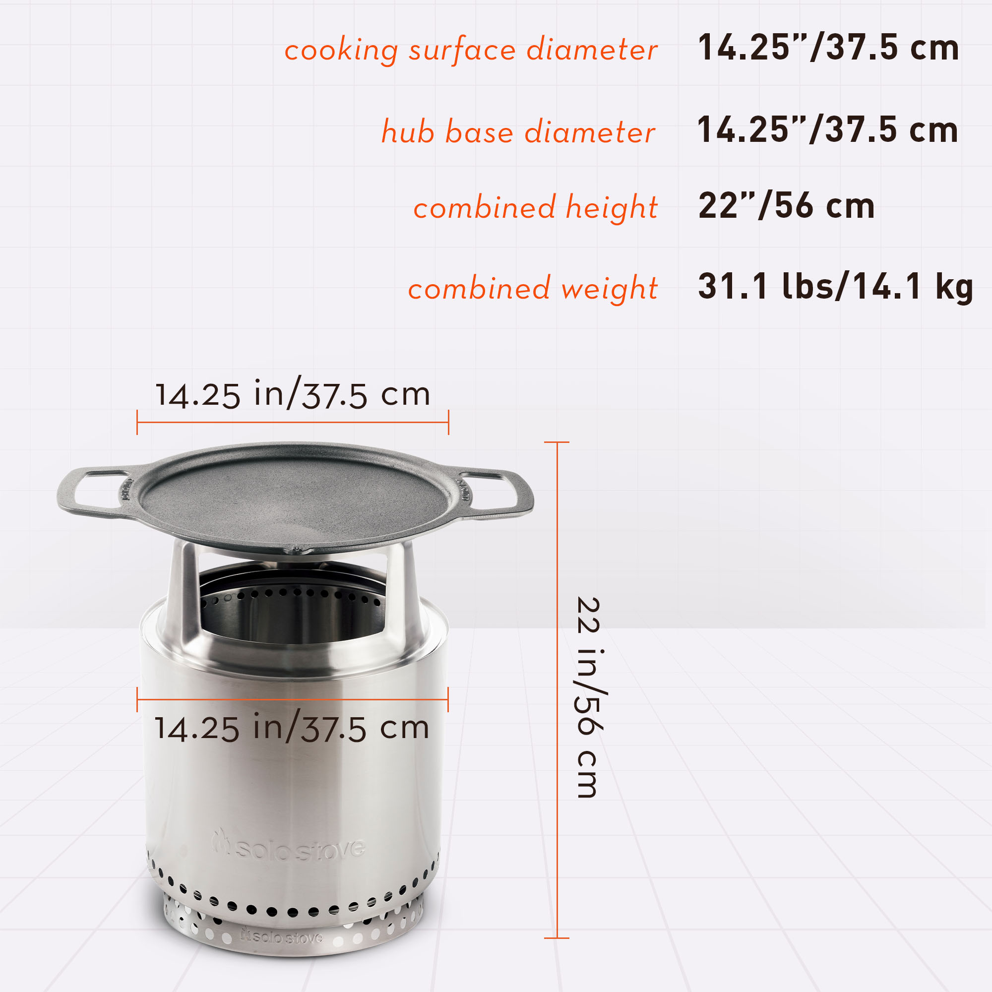 14.75 inches diameter, 2 inches depth, 12.5 lbs weight