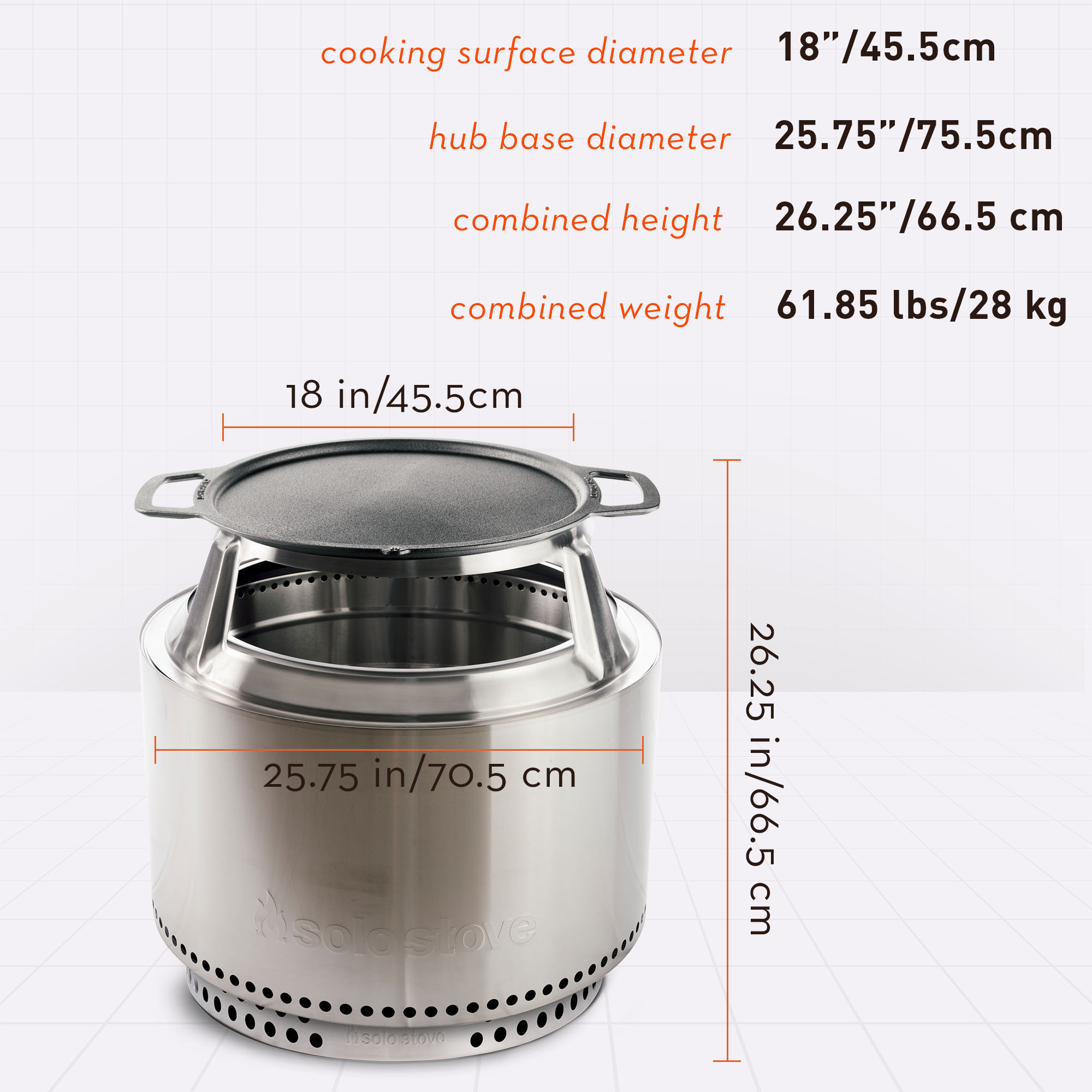 14.75 inches diameter, 2 inches depth, 12.5 lbs weight