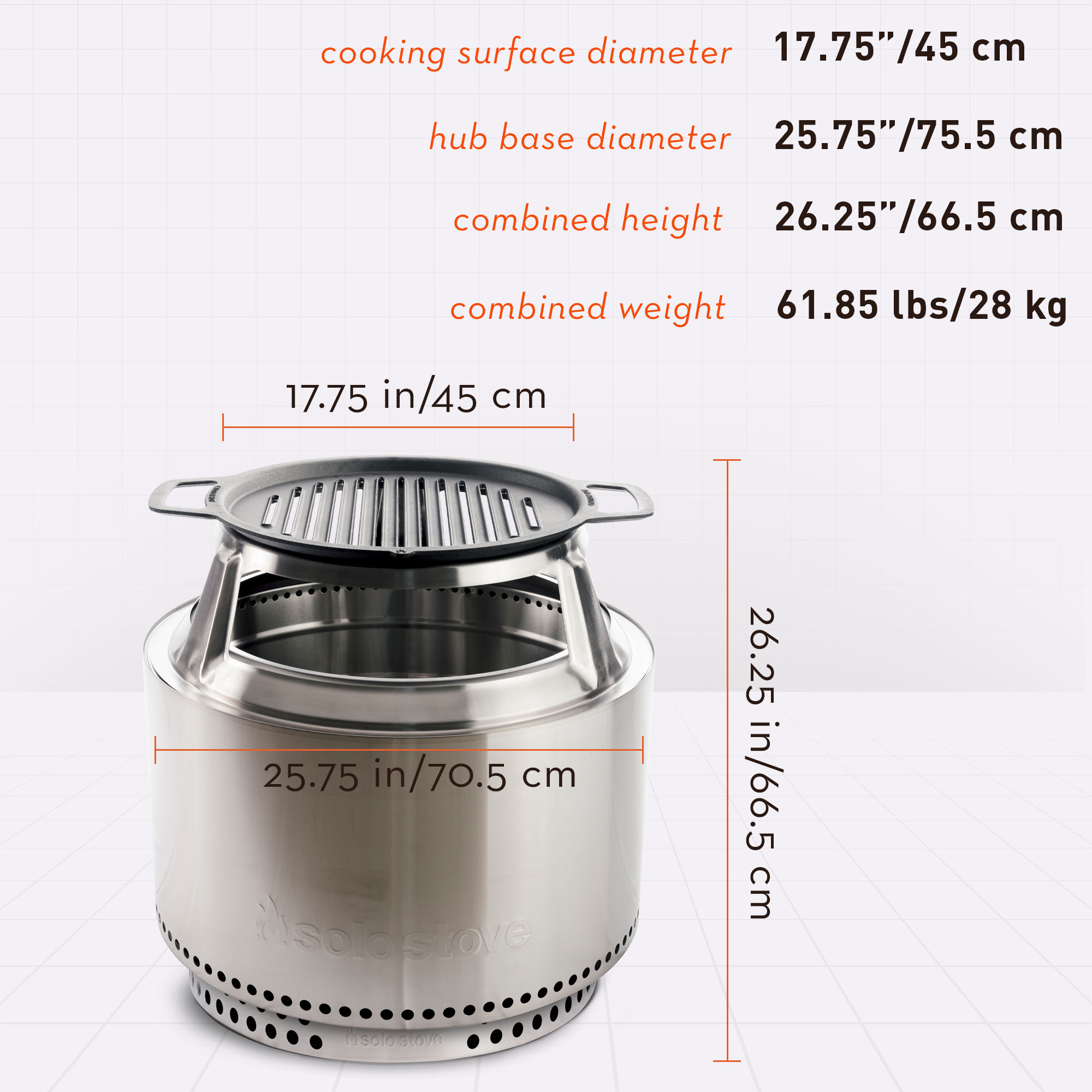 14.75 inches diameter, 2 inches depth, 12.5 lbs weight