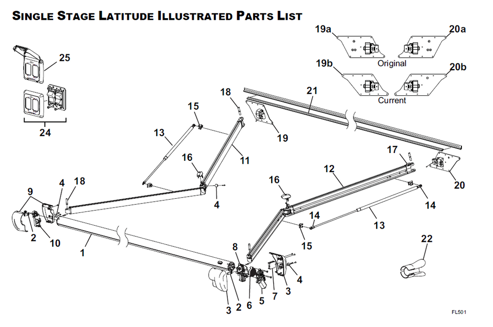 Carefree RV GW240005BWAW Lat SGL Complete Assy WHT HW/FG , 20',0", LEDs AW - WHT Vinyl