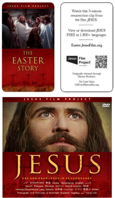 "EASTER SPECIAL" 100 JESUS FILM DVD'S  YOUR CHOICE OF LANGUAGES PLUS  FREE 50  PACK  OF JESUS FILM/EASTER GIFT CARDS"