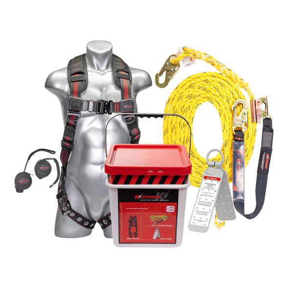 KStrong 25 ft. Deluxe Roofers Kit with UFH15201GQ(M-L) Harness, Rope, Rope Grab Assembly, UFA30001 Reusable Roof Anchor, UFZ850100 Trauma Relief Pack, Bucket and Lid UFB102025(M-L)