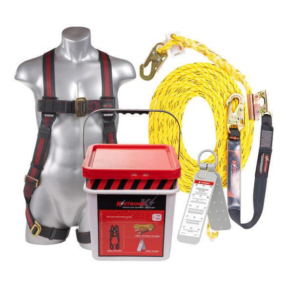 KStrong 25 ft. Roofers Kit with harness, rope, rope grab assembly, reusable roof anchor, bucket and lid UFB101025(L-XL)