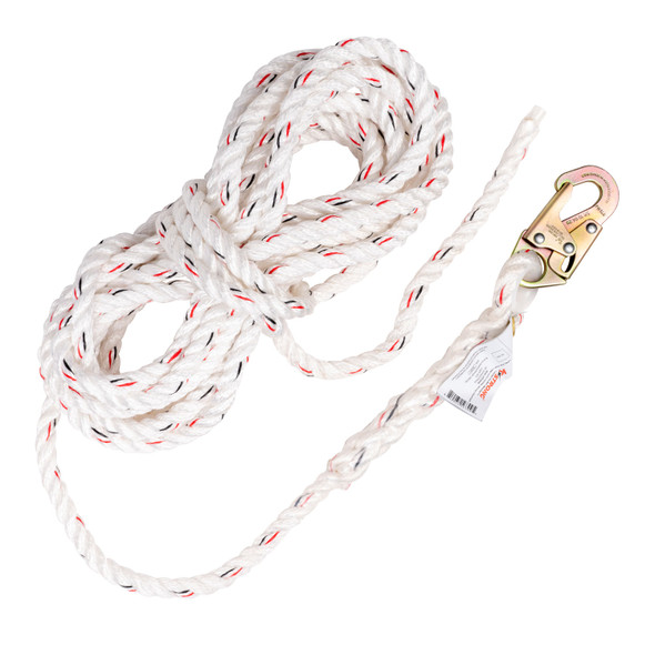 KStrong 200 ft. Vertical White Polydac Rope Lifeline, Locking Snap hook on anchor end, other end cut and taped  UFR200200