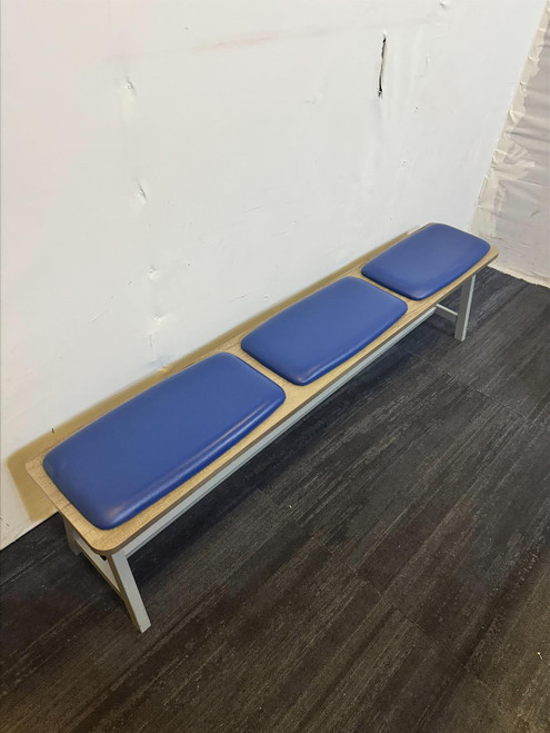 Wooden Three Seater Waiting Bench With Dark Blue Vinyl Seats (6D9-C94-B6E)