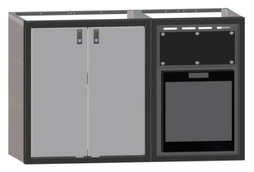 56" GALLEY, NO COUNTER TOP, CABINET, W/ NORCOLD REFRIGERATOR AND CABINET