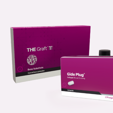 Purgo THE Graft bone substitute and Gide Plug collagen wound dressing