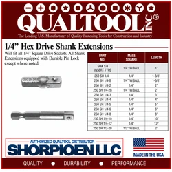 QUALTOOL 1/4" HEX DRV TO 1/4" SQUARE DRV EXTENSION W/ BALL, INSERT TYPE, 1" L   Pack of 100   Part No. SHA 1/4