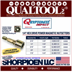 QUALTOOL 1/4 NUTSETTER LOBULAR MAG, 1/4" HEX DRV, 1-5/8" L   Pack of 25   Part No. KL-MSH 1/4