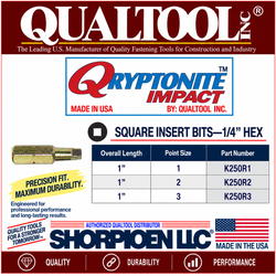 QUALTOOL #1 SQUARE INSERT BIT, 1/4" HEX DRV, 1" L   Pack of 150   Part No. K250-R1