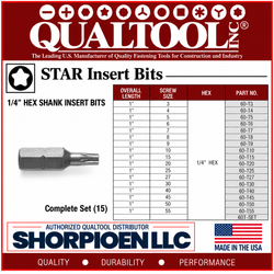 QUALTOOL 15PC SET - STAR (TORX®) INSERT BITS, 1/4" HEX DRV, 1" L   Pack of 6   Part No. 60-T-SET