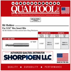 QUALTOOL 1/4 BIT HOLDER, 5/16" HEX DRV, 1/2" BDY, 3-3/32"L   Pack of 20   Part No. 5BH 1/4