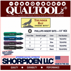 QUALTOOL THUNDER BAY #1 PHILLIPS INSERT BIT, GREEN, 1/4" HEX DRV, 1" L  PACK OF 200  PART NO. TB 250-PB1