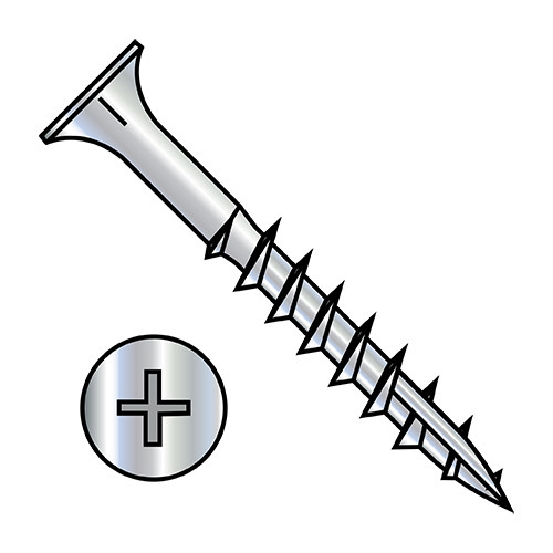 8X1 5/8 Phillips Flat Head w/Nibs Deep Thread Wood Screw Type 17 Point 2/3 Thread Zinc (Pack Qty 4,900) BC-0826DPF17