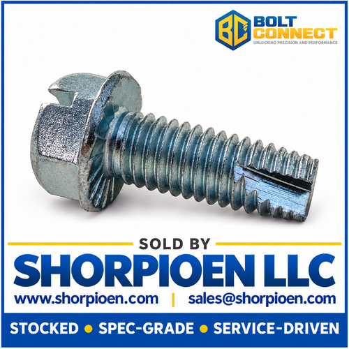 1/4-20X3/4 Slotted Indent Hex Washer Serrated Thread Cutting Screw Type 23 Full Thread Zinc (Pack Qty 3,000) BC-14123SWS