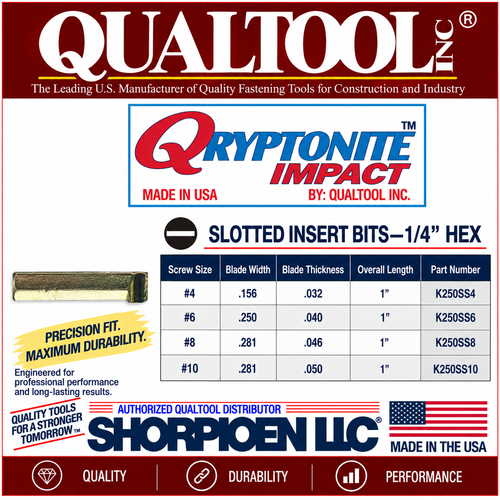 QUALTOOL #6 SLOTTED INSERT BIT, 1"L   Pack of 150   Part No. K250-SS6