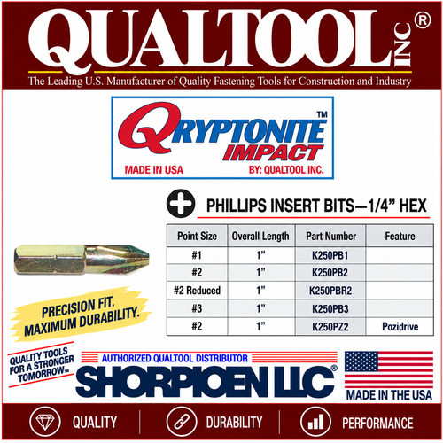 QUALTOOL #2 PHILLIPS INSERT REDUCED BIT, 1" OAL   Pack of 200   Part No. K250-PBR2