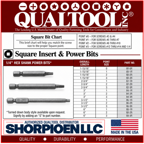 QUALTOOL #3 SQUARE POWER BIT, 1/4" HEX DRV, 6" L   Pack of 50   Part No. 88-3R