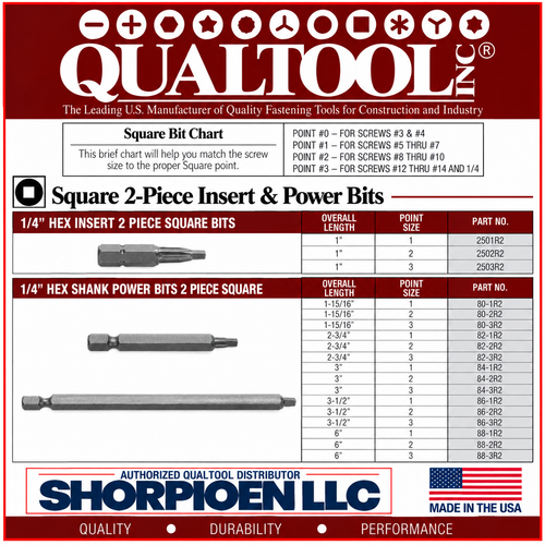 QUALTOOL #3 SQUARE 2-PC POWER BIT, 1/4" HEX DRV, 3" L   Pack of 100   Part No. 84-3R2