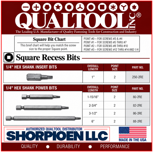 QUALTOOL #2 SQUARE RECESS POWER BIT, 1/4" HEX DRV, 1-15/16" L   Pack of 100   Part No. 80-2RE