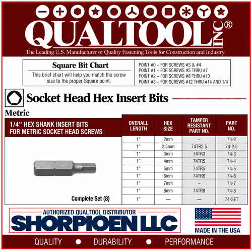 QUALTOOL 6MM METRIC TAMPER RESISTANT, HEX INSERT BIT, 1/4" HEX DRV, 1" L   Pack of 50   Part No. 74TR6