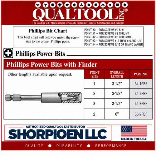 QUALTOOL #3 PHILLIPS POWER BIT W/ FINDER, 1/4" HEX DRV, 3-1/2" L   Pack of 15   Part No. 34-3PBF