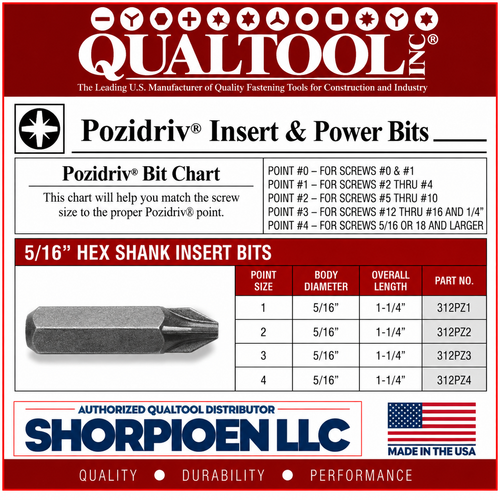 QUALTOOL #4 POZIDRIVE INSERT BIT, 5/64" HEX DRV, 1-1/4" L   Pack of 100   Part No. 312PZ4