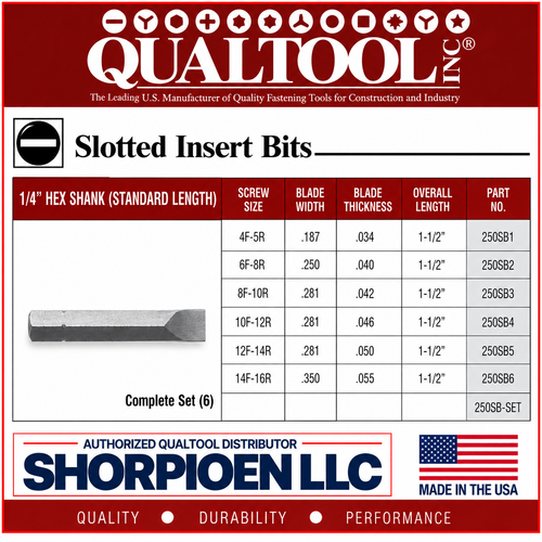 QUALTOOL 4F-5R SLOTTED INSERT BIT, 1/4" HEX, 1-1/2"L   Pack of 100   Part No. 250SB1