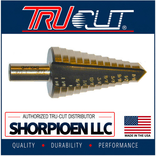 TRU-CUT STEP DRILL CONICAL CUTTER HSS 1-3/8 MAX STEPS 3/4-1-3/8 BY 1/16 1/2 SHANK (Pack of 1) Part No. CM1.375