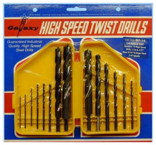 TRU-CUT DRILL BIT SET 14 PC 10 HSS BITS 1/16 TO 1/4 + 4 1/4-SHANK BITS 5/16 3/8 7/16 1/2 PLASTIC CASE (Pack of 1 pc) Part No. MF-14