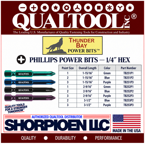 QUALTOOL THUNDER BAY #3 PHILLIPS POWER BIT, PURPLE, 1/4" HEX DRV, 6" L  PACK OF 25  PART NO. TB 36-3P