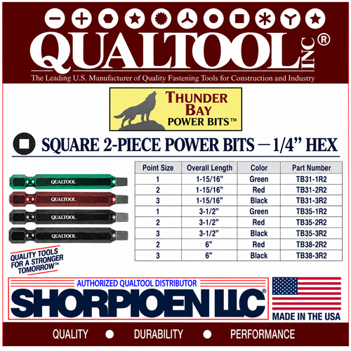 QUALTOOL THUNDER BAY #3 SQUARE 2-PC POWER BIT, BLACK, 1/4" HEX DRV, 6" L  PACK OF 50  PART NO. TB 88-3R2