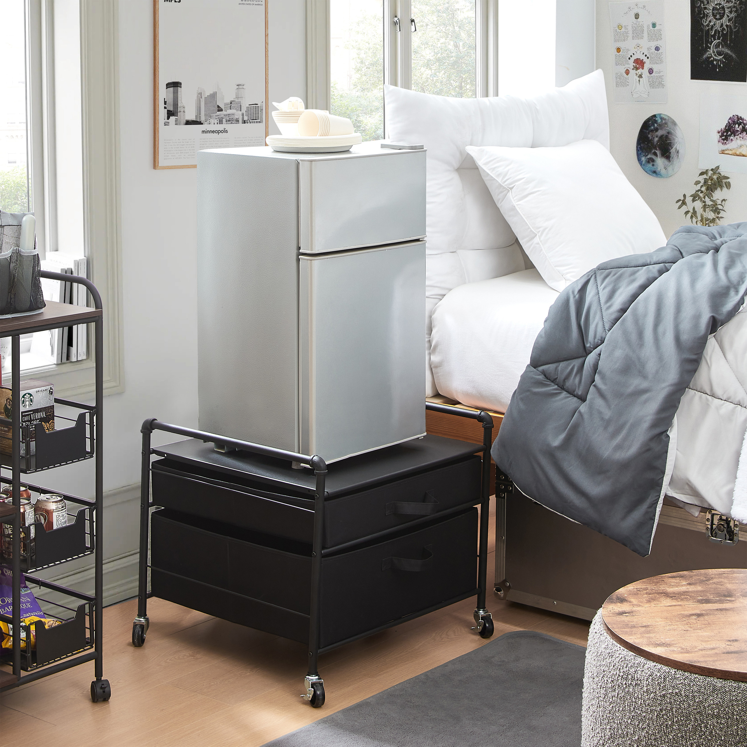 THE FRIDGE STAND SUPREME - BLACK PIPE FRAME WITH LIGHT GRAY DRAWERS