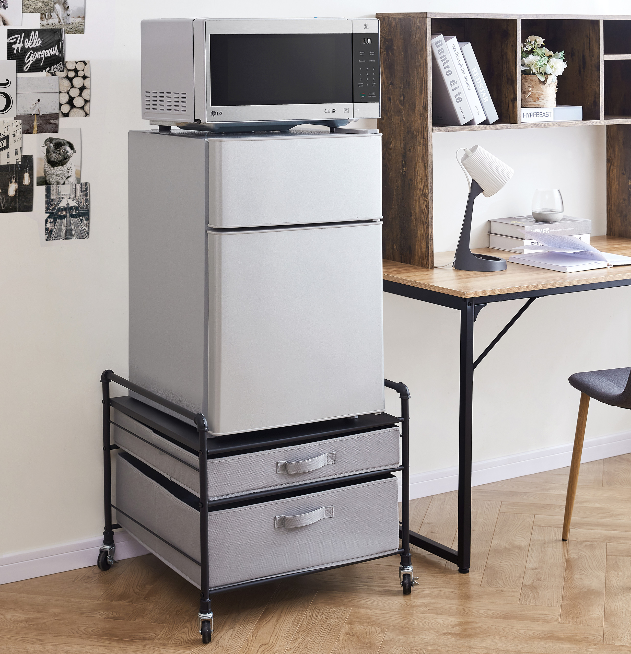 THE FRIDGE STAND SUPREME - WHITE FRAME WITH BLACK DRAWERS