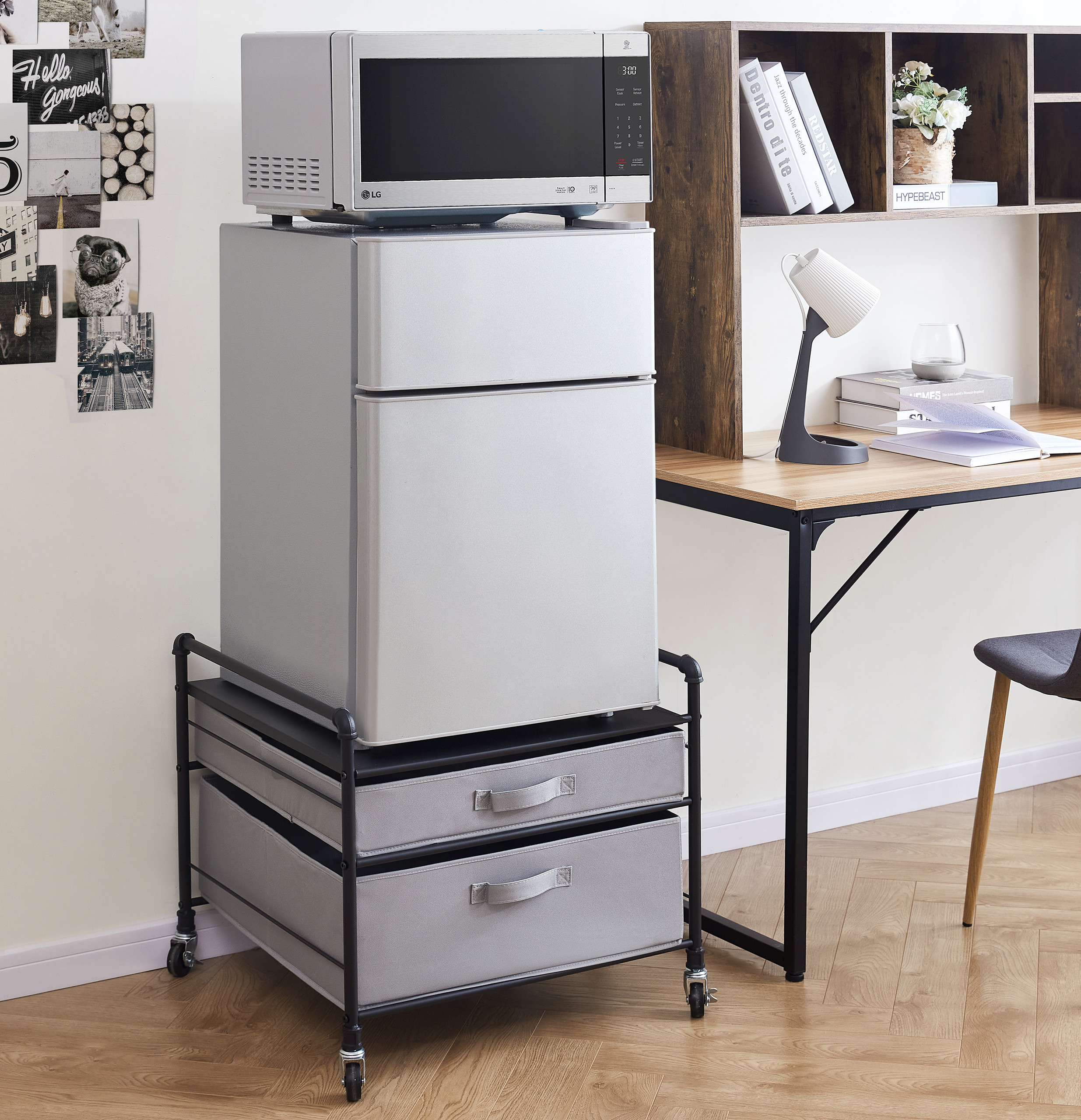 THE FRIDGE STAND SUPREME - BLACK PIPE FRAME WITH LIGHT GRAY DRAWERS