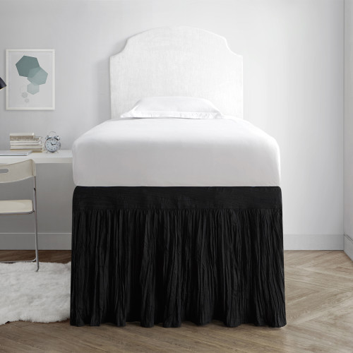 Crinkle Dorm Sized Bed Skirt Panel with Ties - Black