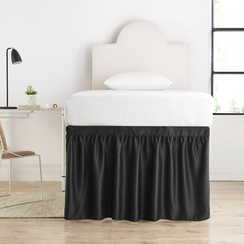 Luxury Plush Dorm Sized Bed Skirt Panel with Ties - Black