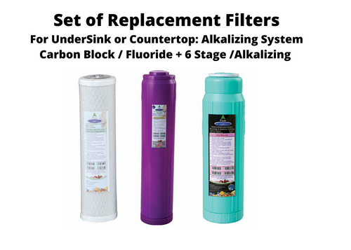 Undersink or Countertop SET OF THREE Replacement Filters for Alkalizing 13 stage system: 6 Stage + Fluoride/Lead reduction, Carbon Block, and Alkalizing Filter