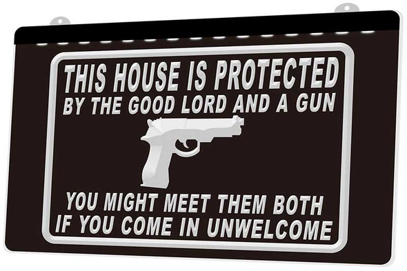 This House Protected by the Good Lord and a Gun, firearms, led, neon, sign, gun