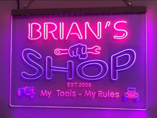 shop, led, neon, sign, garage, light, lighted,