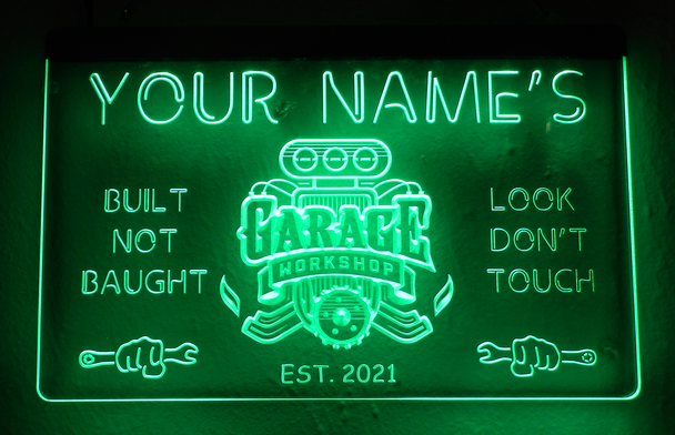 garage, led, neon, sign, mechanic, personalized