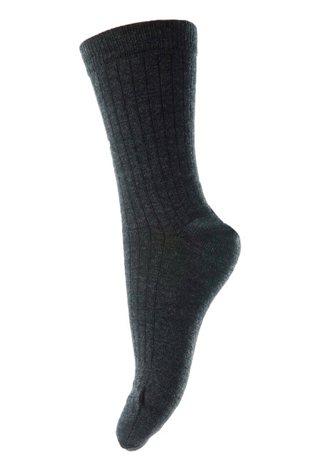 MP Denmark - Socken Merinowolle Dünn Rippe Dark Grey Melange