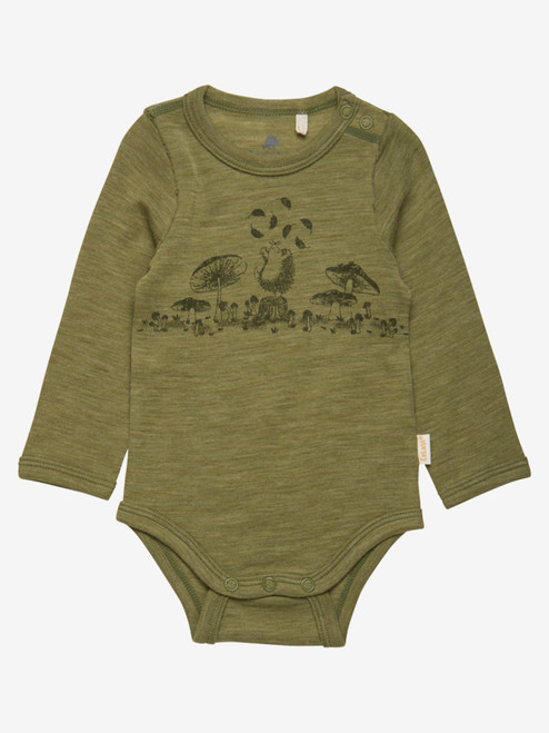 Cleavi - Body Langarm Wollbody Merinowolle Igel & Pilze Melange Green