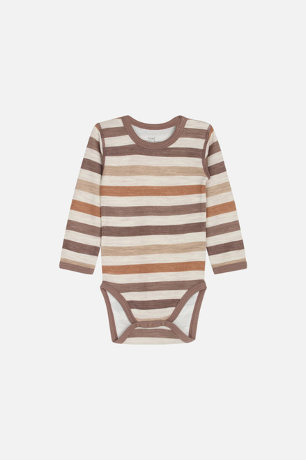 Hust&Claire - Langarmbody Wolle-Bambus Coffee Streifen