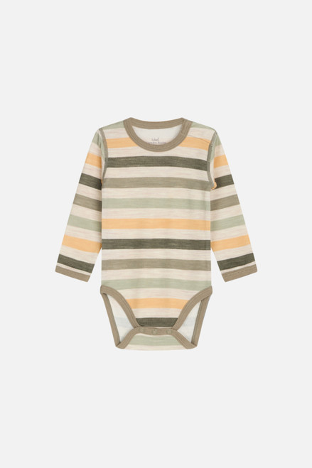 Hust&Claire - Langarmbody Wolle-Bambus Khaki Streifen