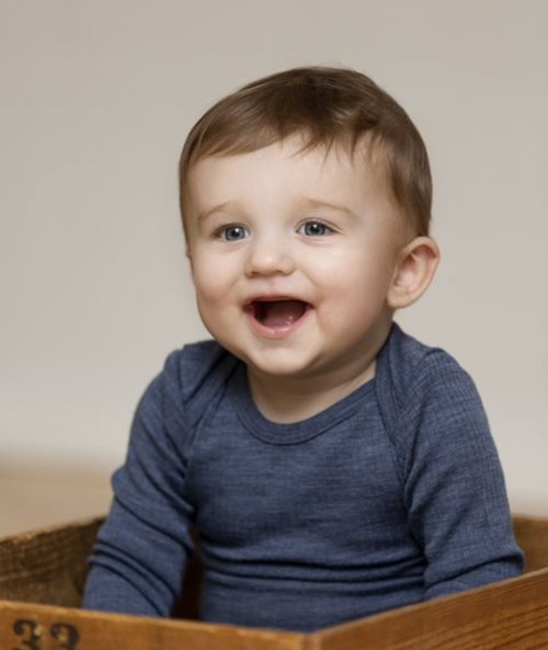 Smallstuff - Langarmbody Merinowolle Rippe Denim Melange