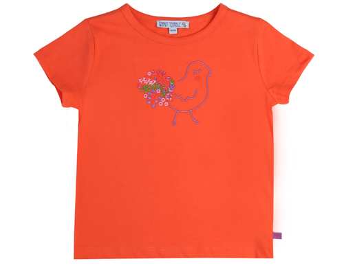 T-Shirt orange mit Vogel Stickerei