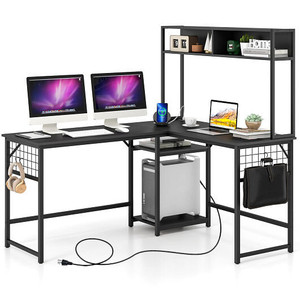 L-shaped Desk with Power Outlet Hutch-Black - Color: Black D681-CB10537US-DK