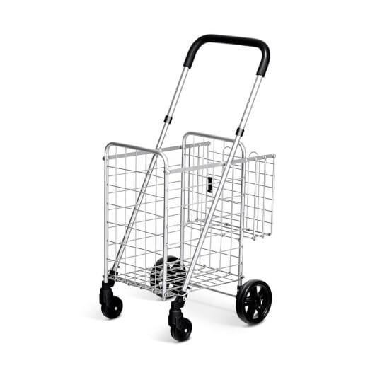 Folding Shopping Cart Basket Rolling Trolley with Adjustable Handle-Silver - Color: Silver D681-TL35656SL